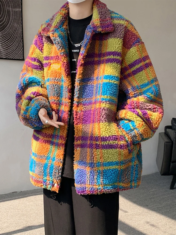

Rainbow Striped Lamb Velvet Jacket Men's Winter Thickened Warmth High-End Feeling Cotton Clothes Men's Fashionable Coat