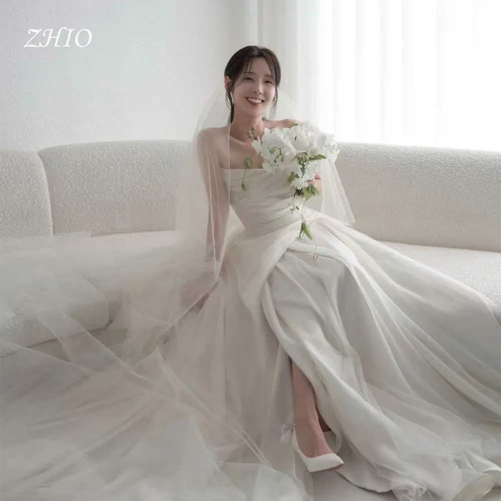 ZHIO Vestido de novia clásico de color marfil, satén plisado sin tirantes con tul, sesión de fotos de Corea, vestido de recepción nupcial personalizado kurs