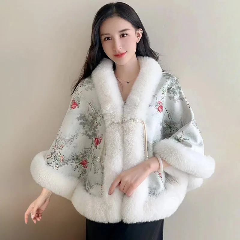

Chinese Velvet Plus Thick Jacquard Cloak Shawl with Fur Collar Ponchos Autumn Winter Fashionable Warm Capes Jacket for Women