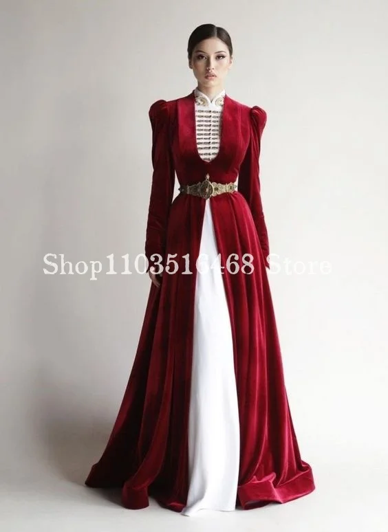 Luxury Velvet Muslim Evening Dresses Red White High Neck Long Sleeve Special Ethnic Bridal Dresses Dresses for special events