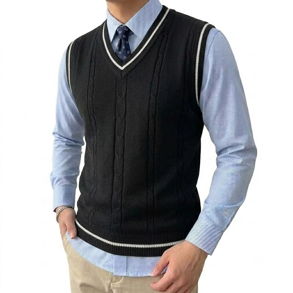 Herbst Herren V-Ausschnitt Pullunder Lässiger Leichter Streetwear Atmungsaktiver Patchwork Strickpullover Business Strickwaren für Männer – Detail 4