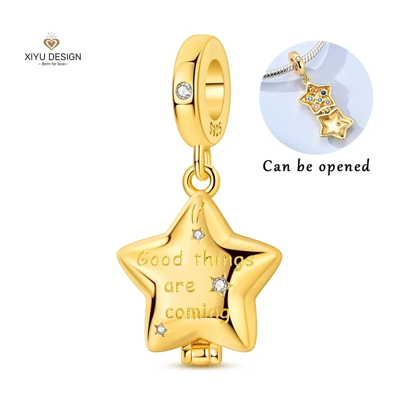 New 925 Silver Electroplated Gold Lucky Star Charm Openable Pendant Fit DIY Bracelet Necklace Women Fine Jewelry Birthday Gift