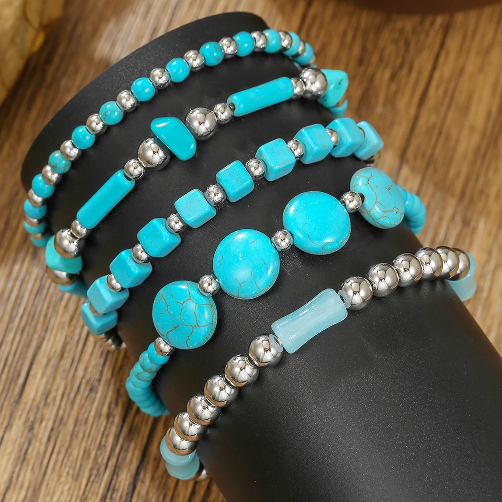 

5Pcs/Set Bohemia Multi-layer Stacked Beaded Bracelets For Men Vintage Blue Nature Stone Ethnic Style Charm Bangle Jewelry Gift