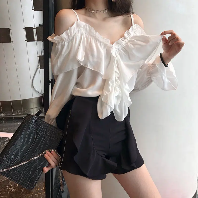 Women Shirt V-neck Flare Sleeve Ruched Ruffle Loose Fit Off-shoulder Sweet Sexy Girls Solid Korean Fashion All-match Spring Tops