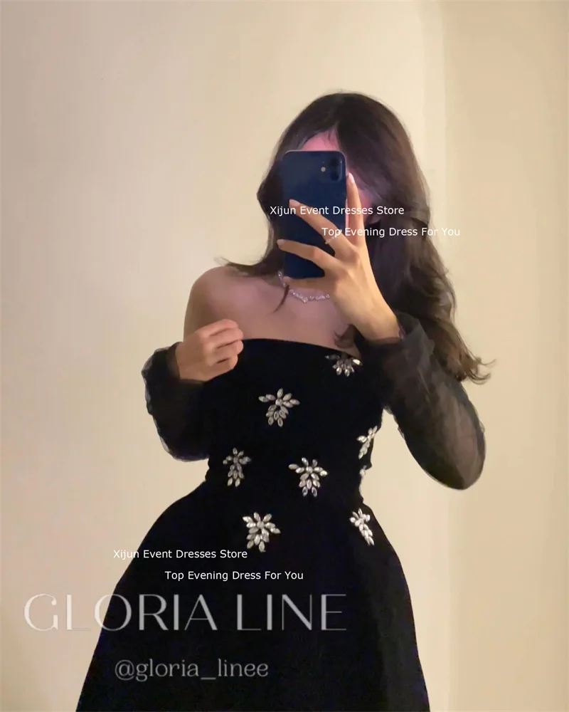 Xijun Black Velvet A-Line Evening Dresses Crystal Formal Saudi Arabric Prom Dresses Luxury Prom Gowns Party Dresses For Women