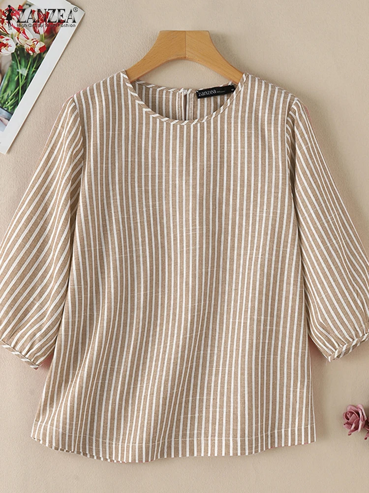 2024 ZANZEA Vintage Women Blouse Autumn O Neck 3/4 Sleeve Striped Tops Casual Loose Blusas Mujer Fashion Work Shirt Chemise