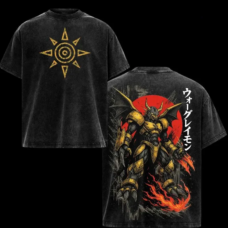 Agumon Print T-shirt Anime Digimon Clothing Men Women Short Sleeve Tshirts Retro Washed T Shirt Harajuku Male Casual Cotton Tops