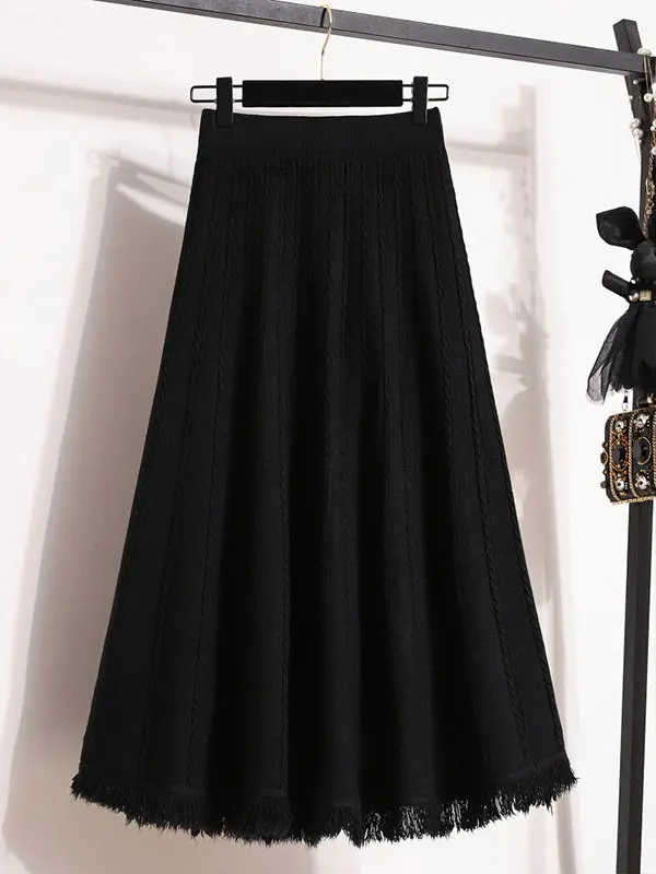 High Waist Knitted Midi Skirt Large Size Fashionable Slimming Autumn Winter plus Size MM Ageless Meat Concealing Frayed Hem S...