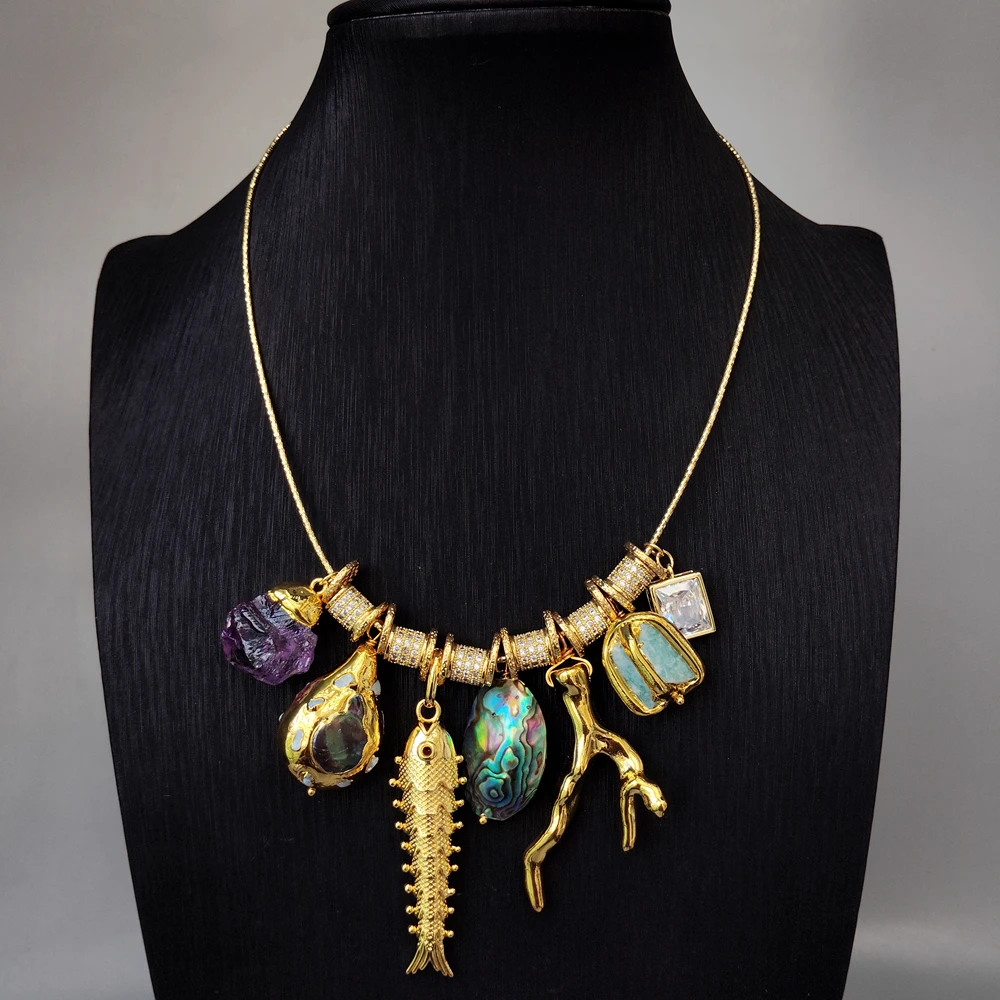 

Natural amethyst abalone Shell pectolite black coin pearl amazonite rough beads resin branch pendant gold plated chain necklace