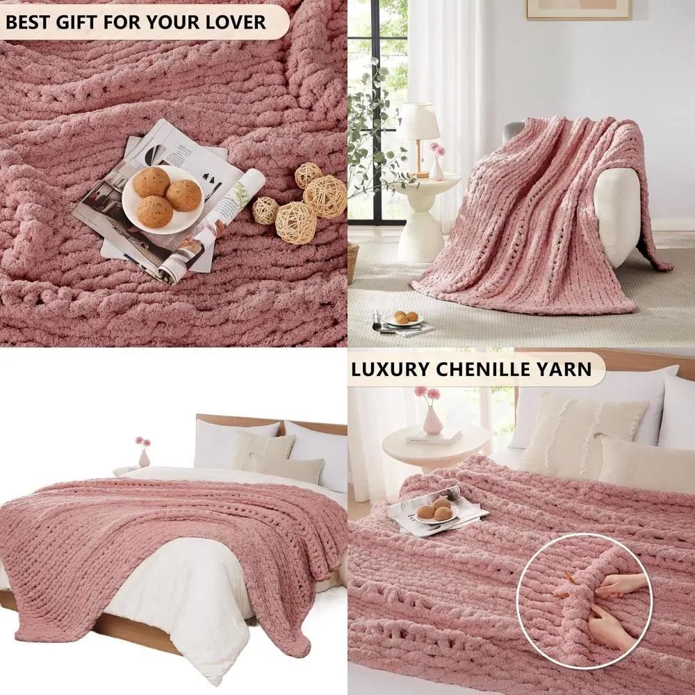 

Cozy Hand-Knitted Chenille Cable Knit Throw Blanket, 60x80, Rose Pink for Cozy Home Decor