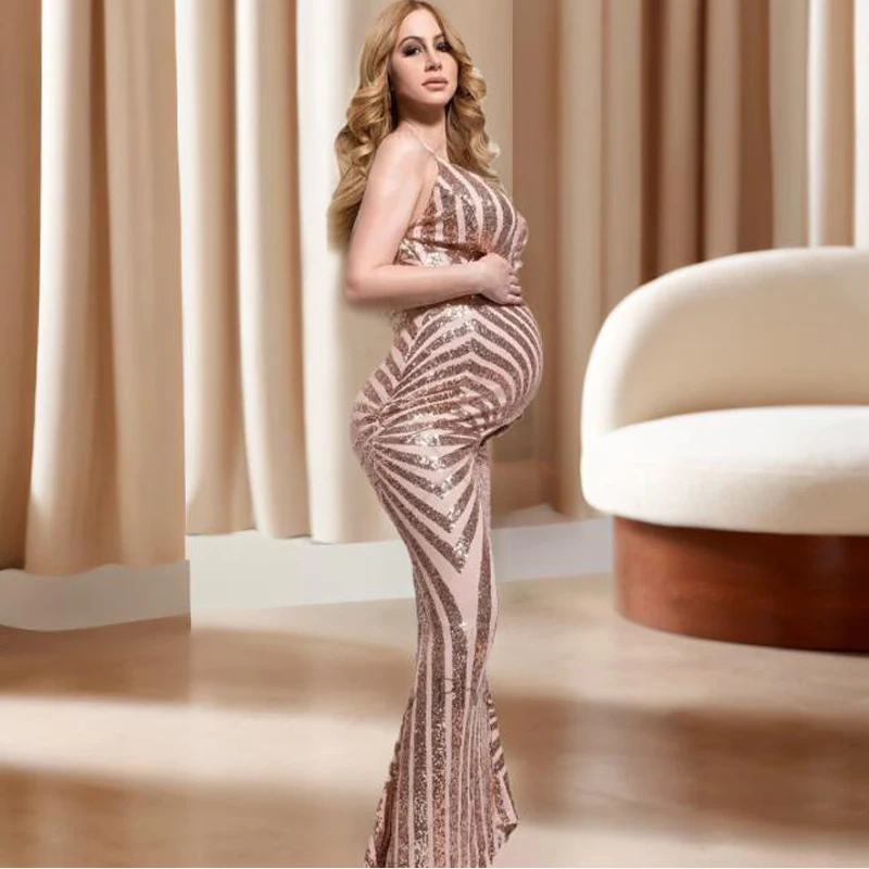 Sexy Suspender Halter Bling Sequined Maternity Dress Gown For Photo Shoot  Baby Shower платье для беременных  платье вечернее