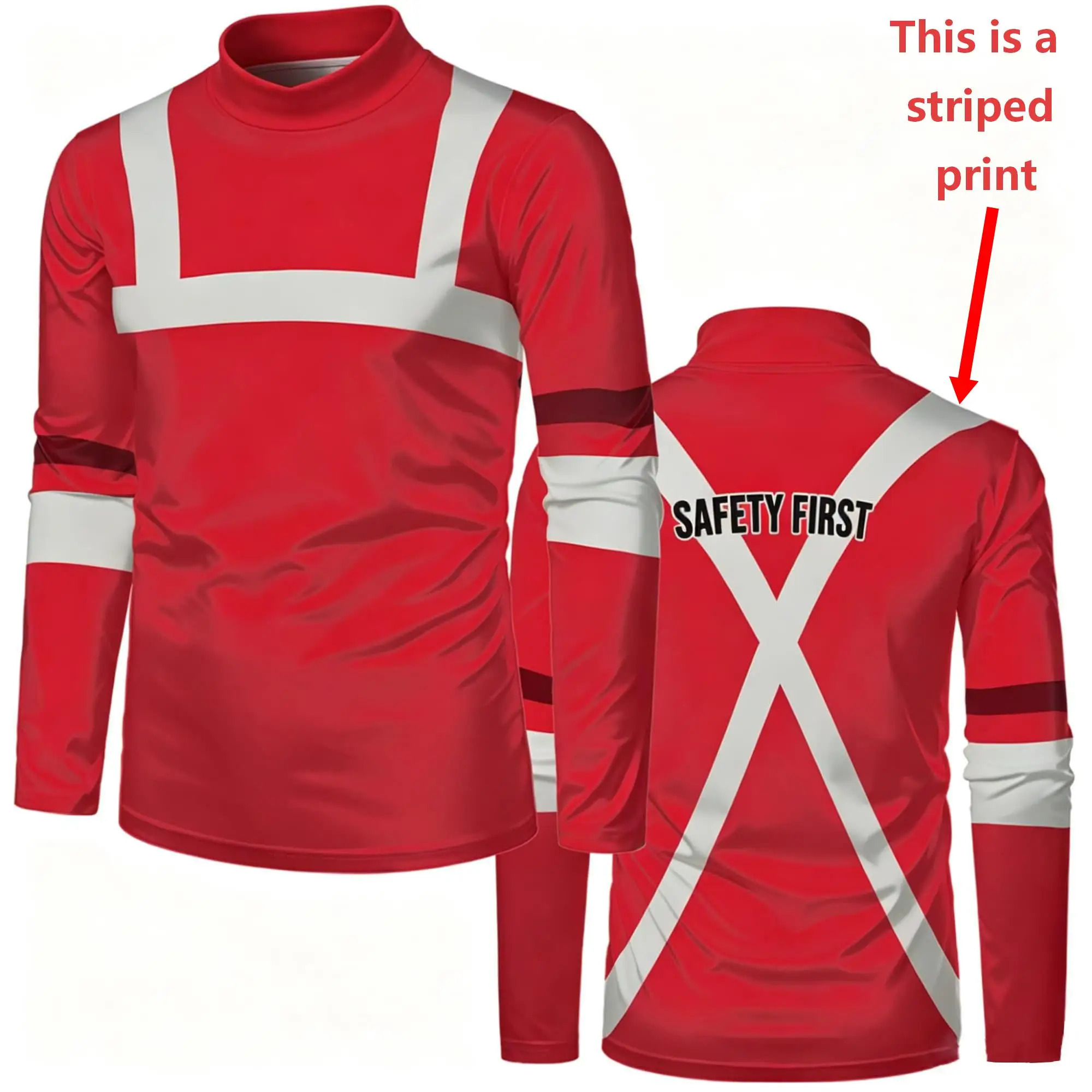 Men Mock Neck Long Sleeve T‑Shirt Fake Safety Work Vest Visual Print Safety First Letter Contrast Stripe Daily Work Casual Tops view 6
