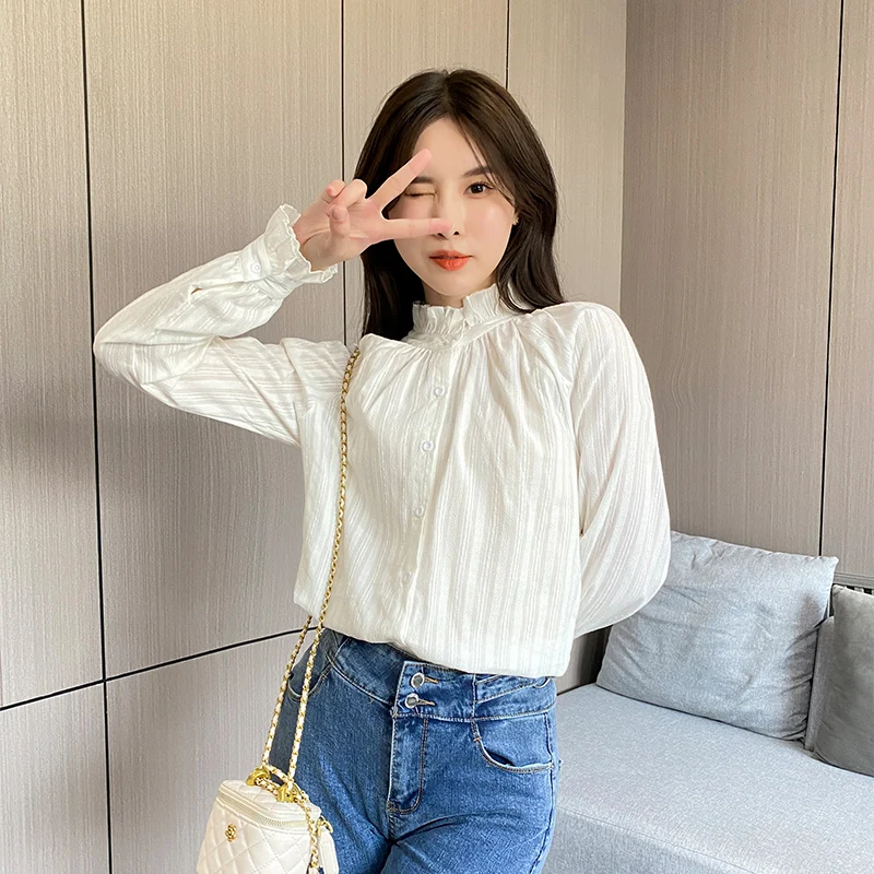 White Blouse Women 2024 Spring Stand Collar Long Sleeve Shirt Sweet Japanese Shirt Casual Ladies Tops Korean Fashion Female Wear