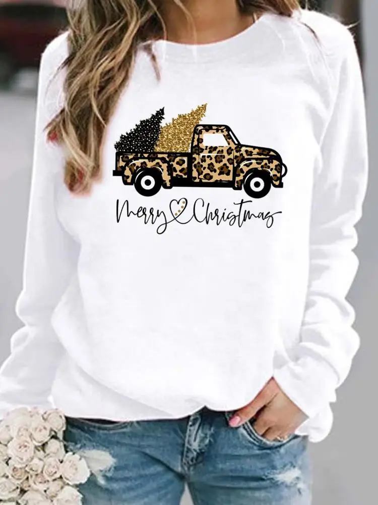 Merry Christmas Clothing New Year Women O-neck Ladies Leopard Truck Style Cute Fleece Pullovers Casual Graphic Sweatshirts