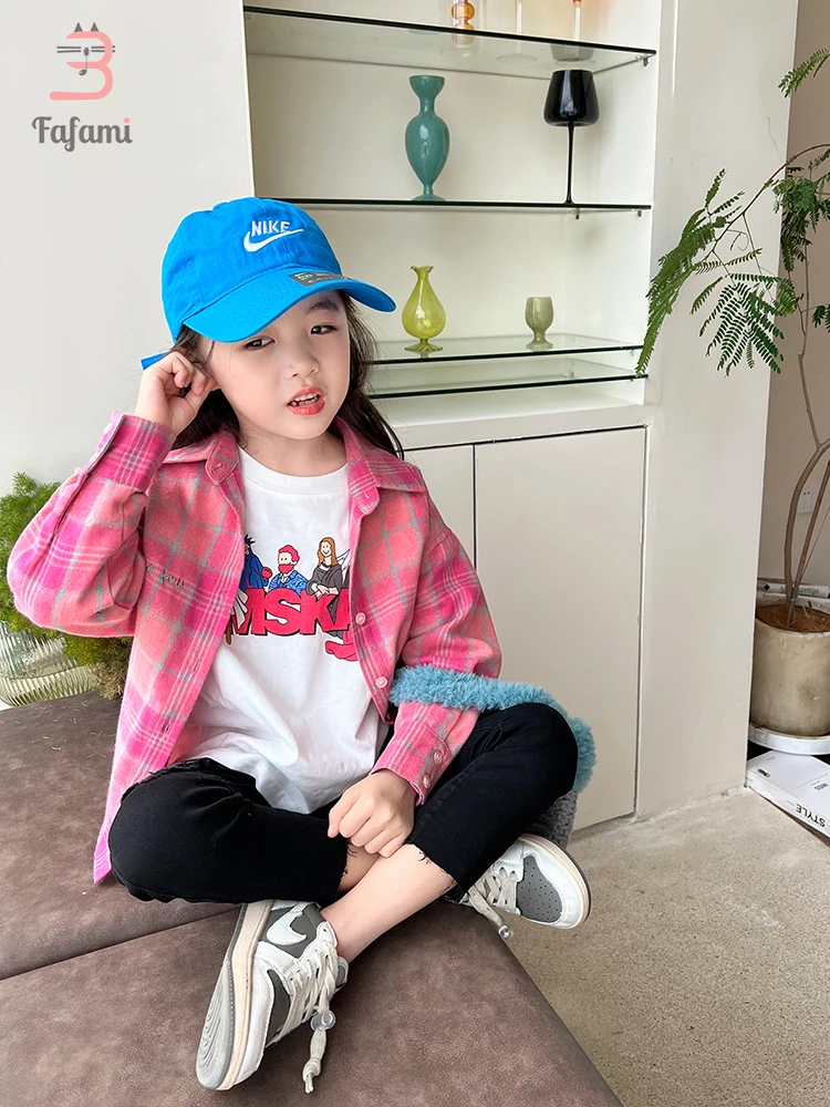 Plaid Shirts & Blouses For Girls Korean Children\'s Clothing 2023 Spring Pink Cotton Baby Tops Young Children Kids Boys Wear 2-8Y