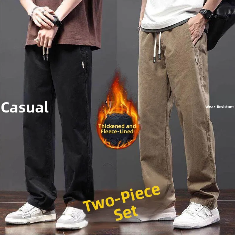 Thickened Fleece Lined Straight Leg Work Trousers for Men Autumn Winter Wear Resistant Construction Site Dirt Proof Casual Pants