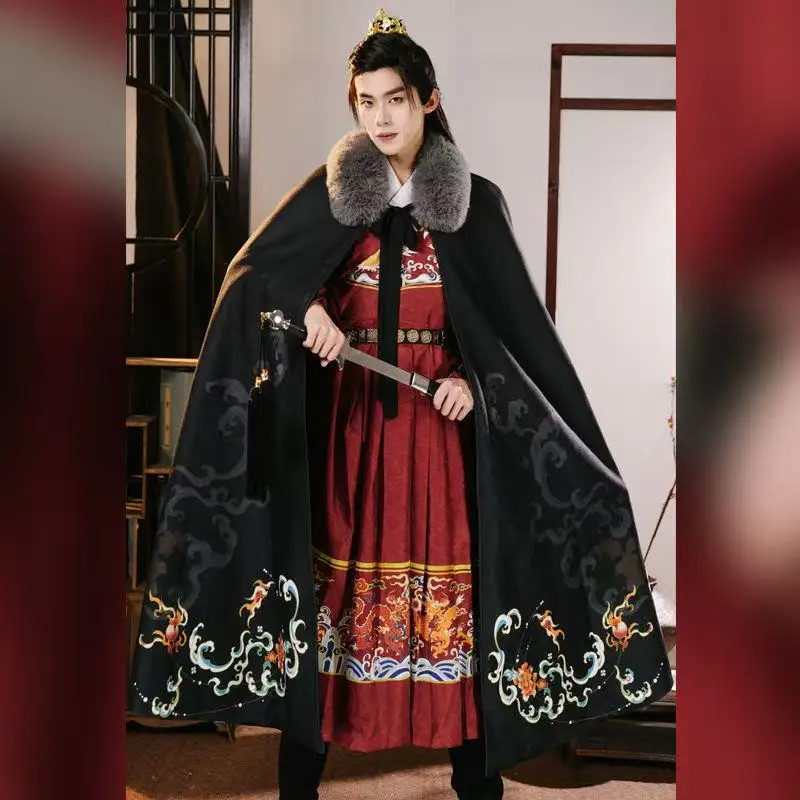 Vintage Brave Kylin Cloak Traditional Large Plush Collar Mascot Clouds Printing Long Robe Halloween Swordsman Cosplay Outer Cape