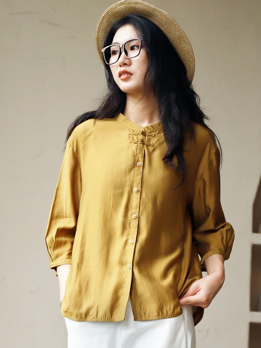 

Новая китайская рубашка свободного кроя из тонкого хлопка с воротником-стойкой и пуговицами для женщин, подходит для повседневных поездок на работу.