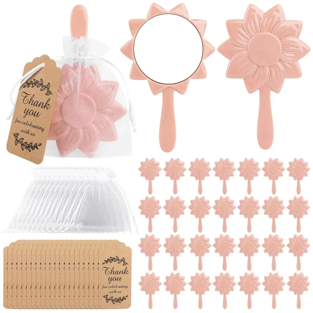 10/30Sets Mini Sunflower Compact Handheld Mirrors with Thank You Tags & Organza Bags for Wedding Favors