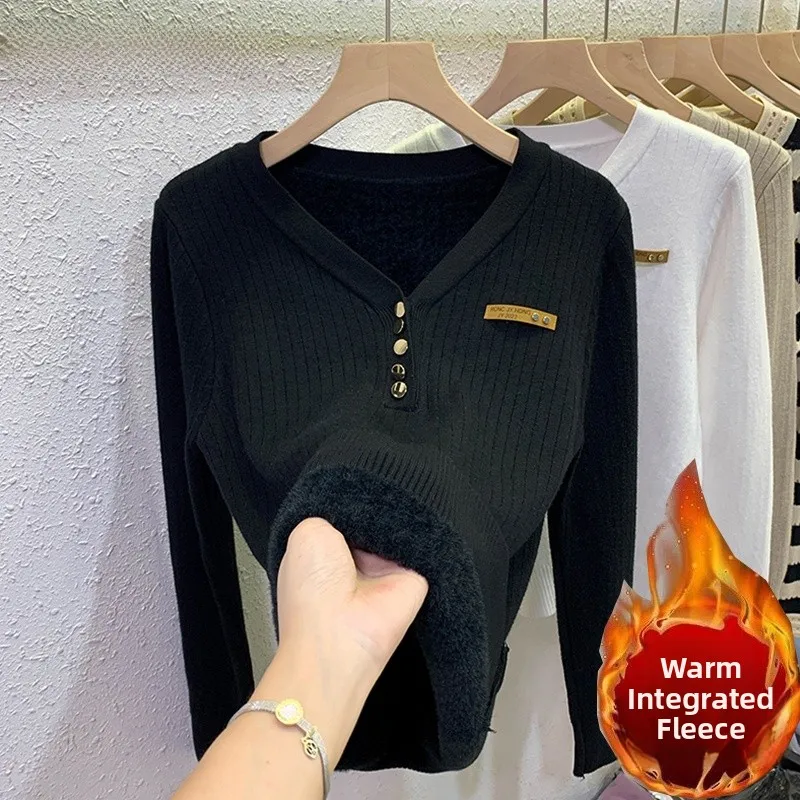

Thiened One-Piece Fce V-Ne Women's Knitted Sweater Autumn Winter Faion Slimming Base irt Inner Wear Warmth sion