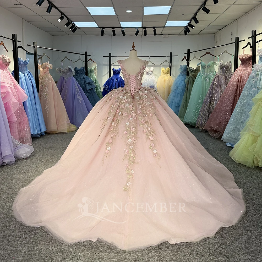 Flash Sale V-neck Pink Quinceanera Dresses for Girls Rhinestones Tank Quinceanera Customized Court Train vestidos de 15 años