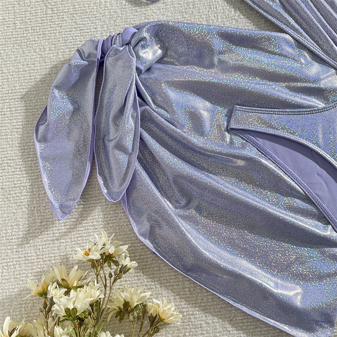 Mit Sarong Glitzer Funkelnder Einteiliger Badeanzug mit tiefem V-Ausschnitt für Damen, Badebekleidung, Damen-Badeanzug mit Ausschnitten und Neckholder, Badeanzug V5754 – Detail 18