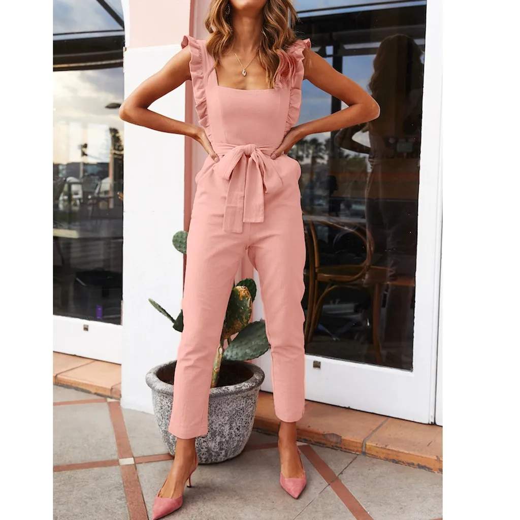 2024 New Summer Autumn Women Belt Tunic Print Jumpsuits Female High Waist Harem Trousers Slim Romper Holiday Playsuit