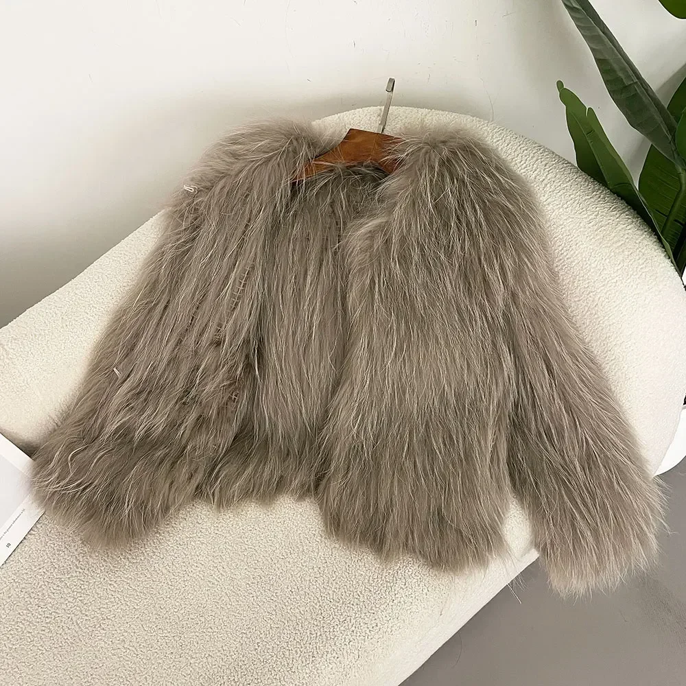 Real Raccoon Fur Coat Women Fur Jacket Women Winter Double-side Knitted Thick Natural Fur Coat Long Sleeve V-neck Winter Coat