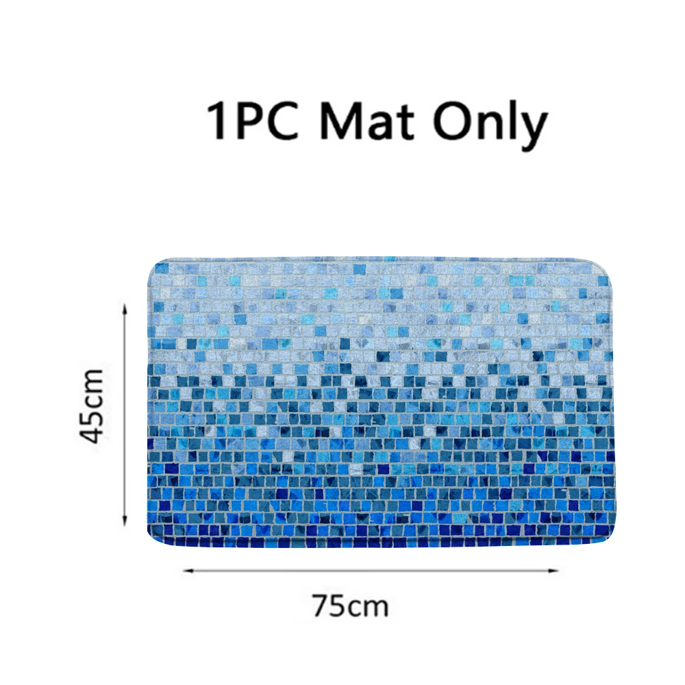 Modern Blue Mosaic Pattern Fabric Shower Curtain Set with Hooks Toilet Covers Seat Bath Mats for Bathroom Non-slip Rug Carpet