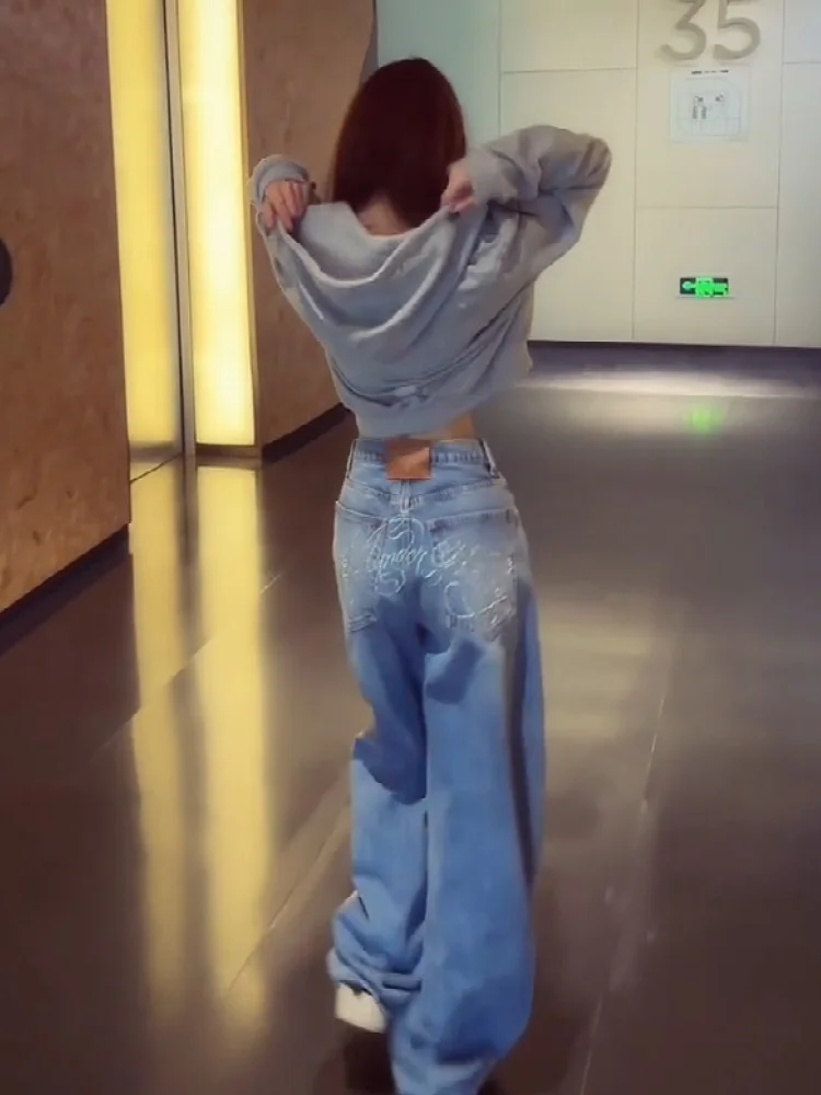 Sweet Cool Heavy Duty Rhinestone Denim Jeans Women's Summer Loose Slim Straight Wide Leg Pants Casual High Waist Long Trousers