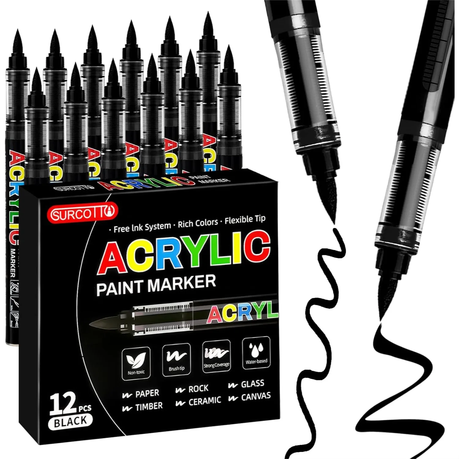 

12 Pcs Black Acrylic Paint Markers With Soft Brush Tip For Wood Stone Canvas Glass Fabric Rock Painting And DIY Crafts Art Supplies