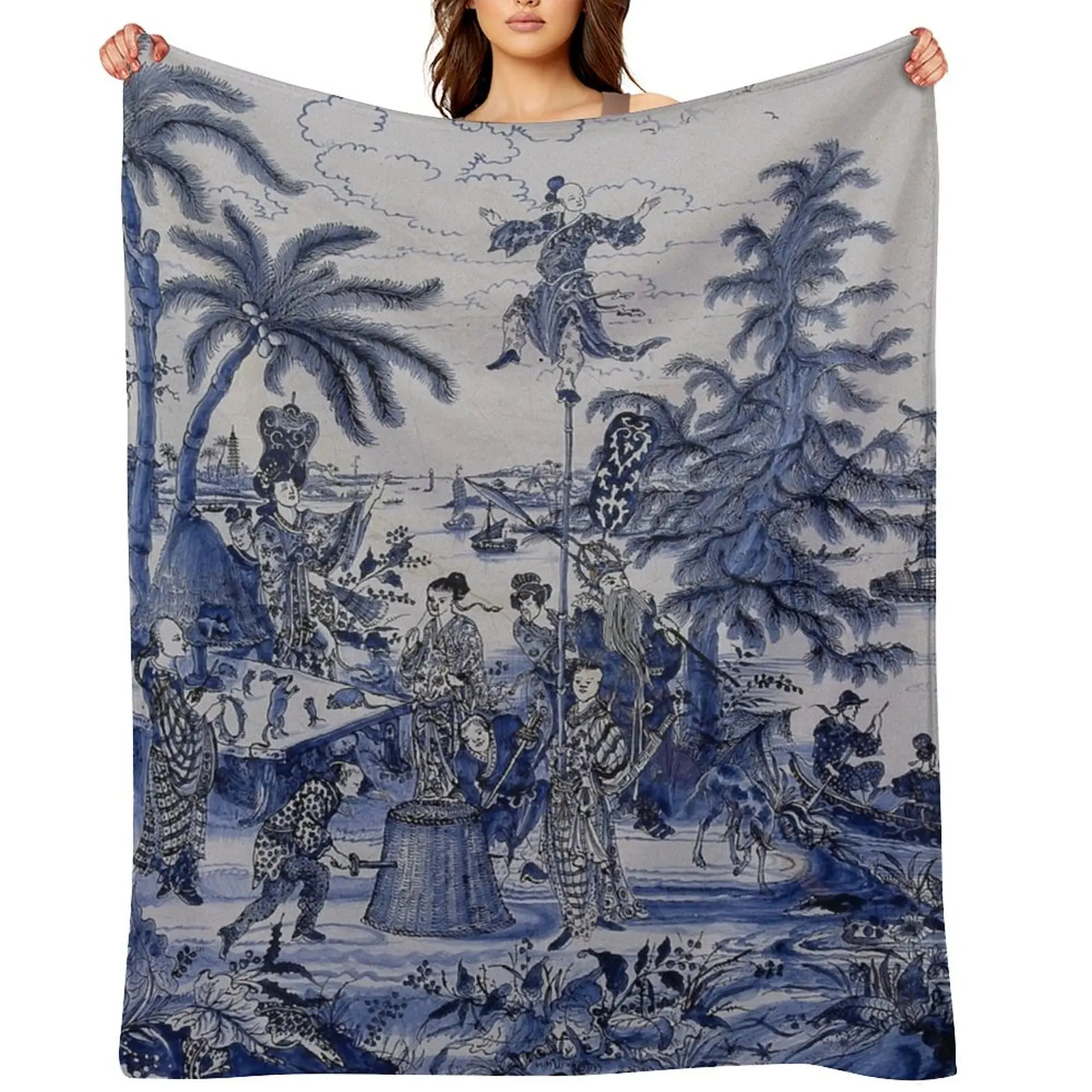 

Chinoiserie landscape in blue Throw Blanket Bed halloween Single Decorative Beds Blankets