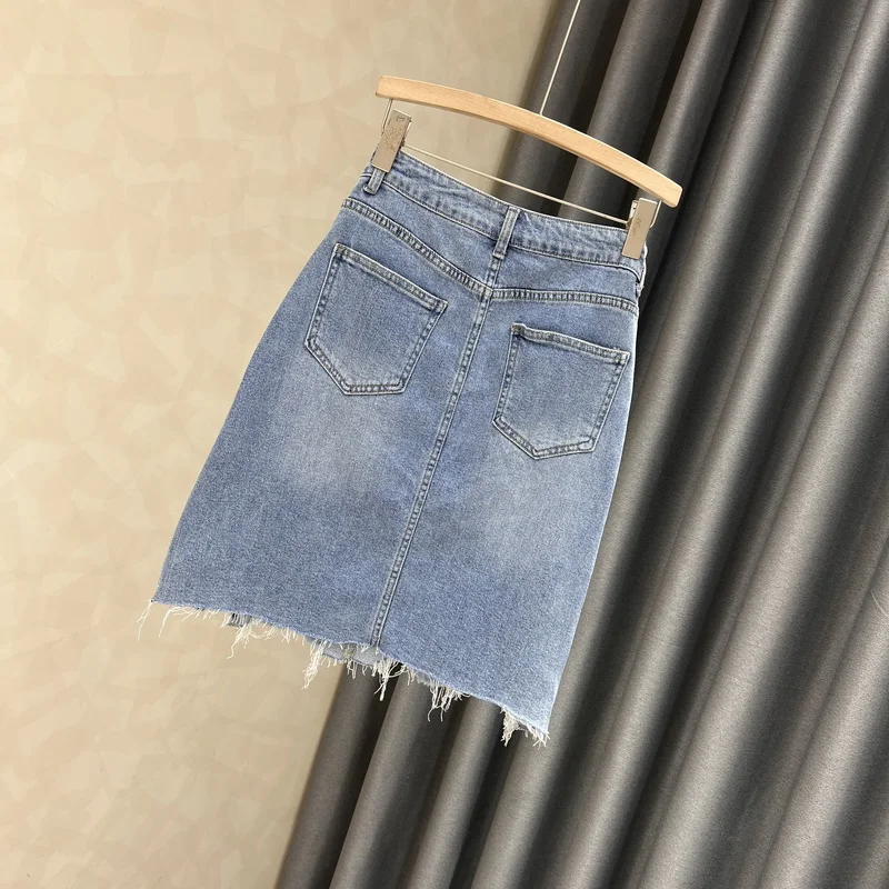 Women Beading Denim Skirt Fashion Irregular Ragged Edge High Waist Wrapped Hip Skirt Summer Large Size Female Short Skirt