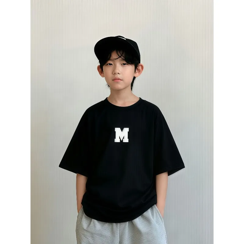 Boys' Cool and Trendy White Pure Cotton Short Sleeved Printed M Girls' Loose Round Neck Casual Versatile Parent-child Top