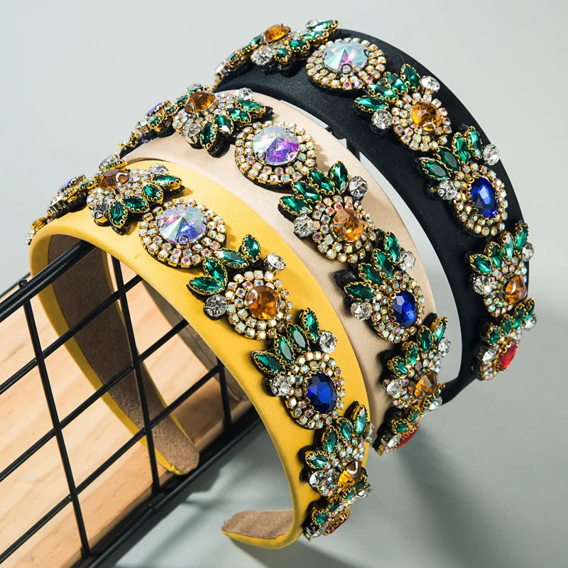 

Широкая повязка для волос со встроенными стеклянными стразами в стиле ретро, аксессуары для волос, модные ювелирные изделия, головной убор