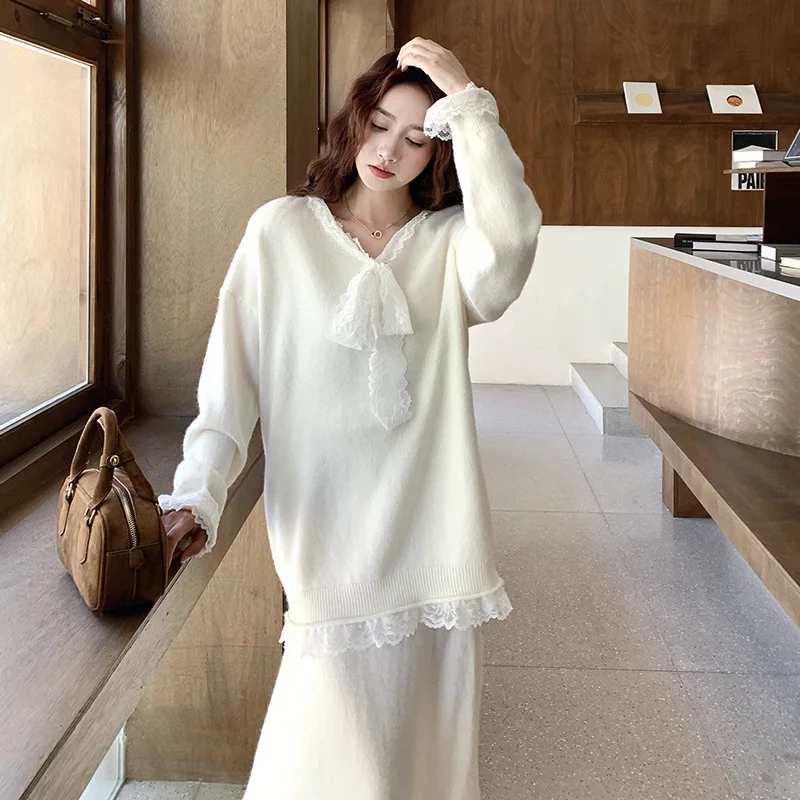 Bow lace edge loose knit pullover+casual half skirt Korean version lazy style women autumn winter elegant two-piece set