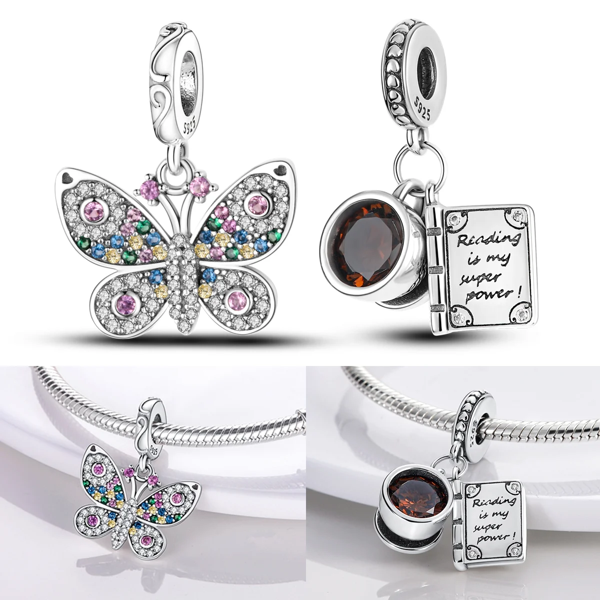 925 Sterling Silver Book Coffee Cup Charms Bead CZ Zircon Butterfly Dangle Fit Original Bracelet DIY Women Jewelry