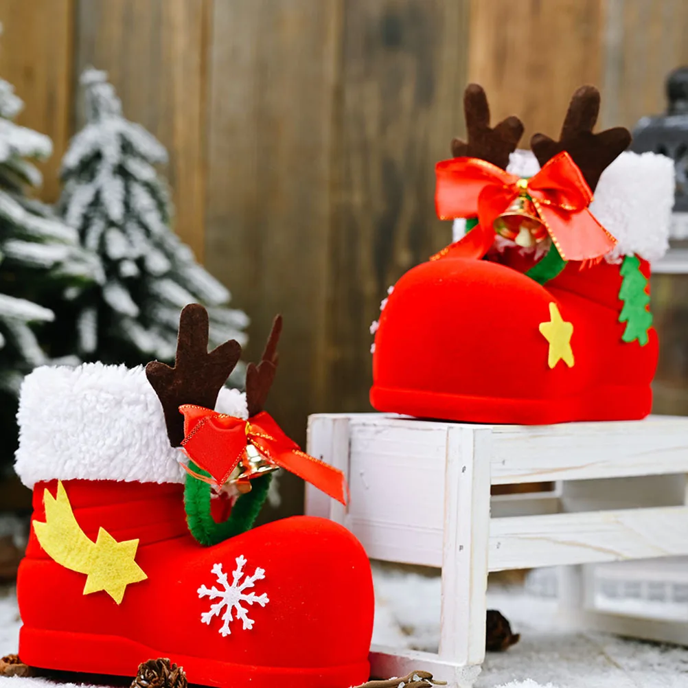 

1Pcs Christmas Deer Antlers Bell Candy Boots Red Flocking Decorative Snack Container Holiday Party Favor Gift Ornament