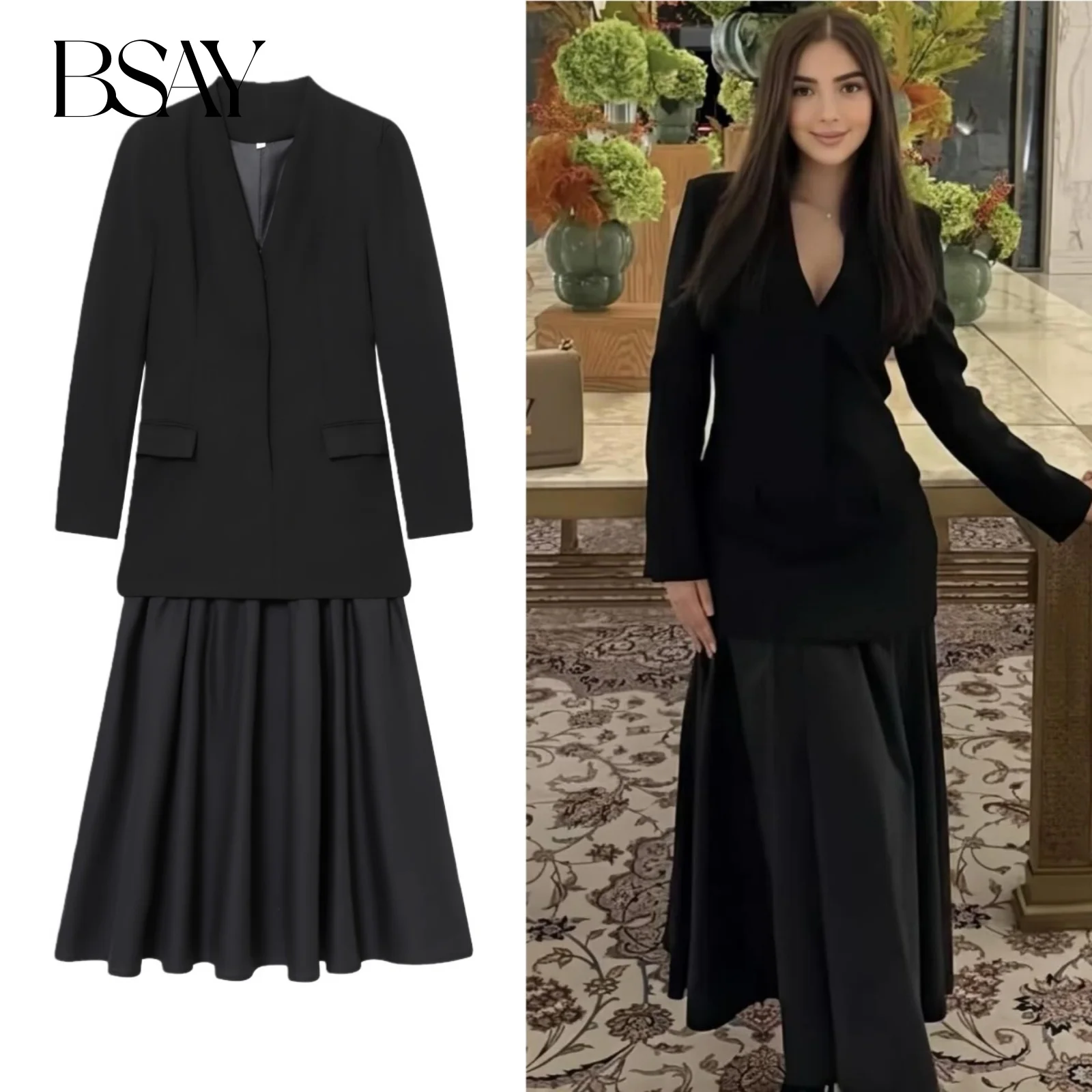Czarna sukienka garniturowa BSAY, odzież damska, jesień-zima, nowy dół z plisami, łączona, długi rękaw, dekolt w serek, francuska, damska sukienka wieczorowa.