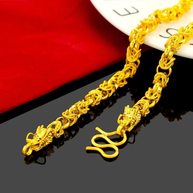 Fashionable 9999 24K real gold men's domineering dragon head double buckle necklace real gold jewelry