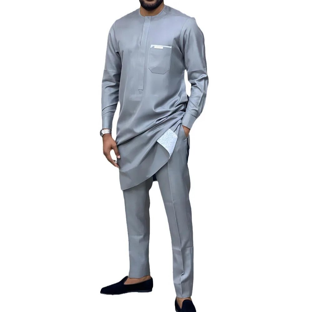 African Men Party Suit Two Piece Set Round Collar Long Sleeves Pocket Splice Top Pants Africa Summer Simple Outfits Gentleman