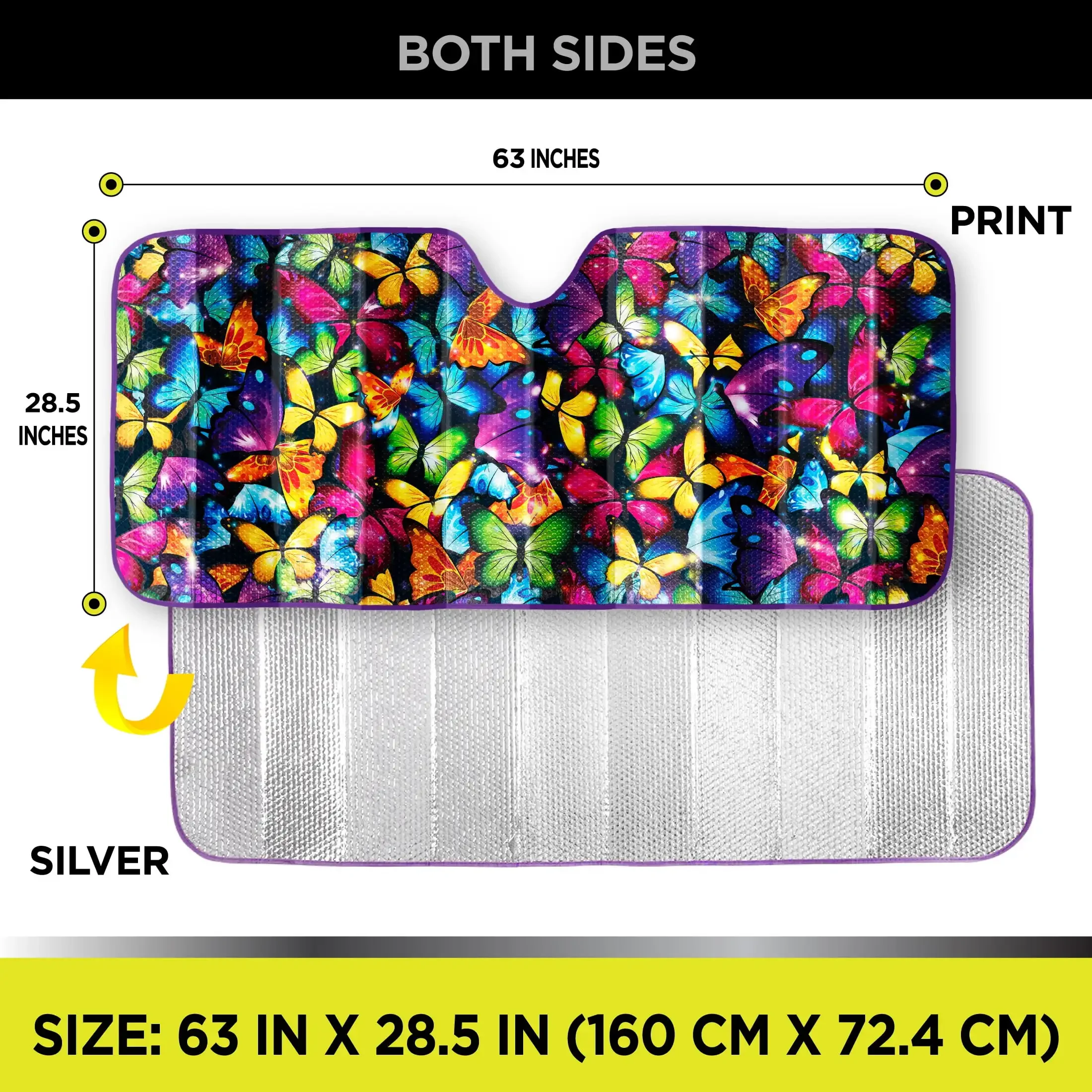 バタフライカーサンシェード 女性用 63インチx28.5インチ アコーディオンフォールド UVヒートブロッカー 花柄 フロントガラスプロテクター ガーデンテーマ