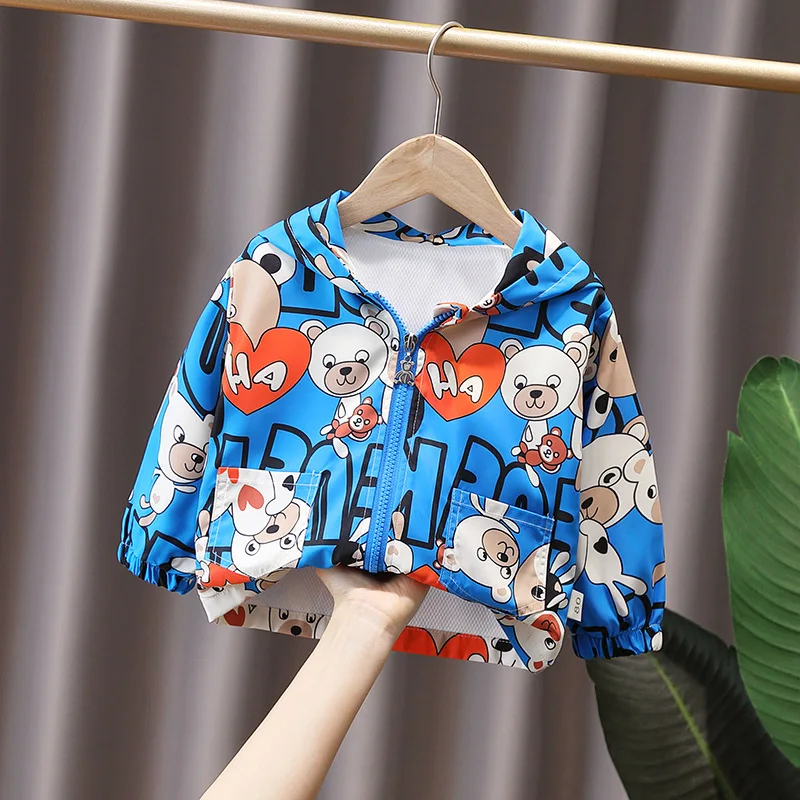 Korean Spring Autumn Toddler Boys Coat Cartoon Printed Hooded Zipper Loose Kids Boys Windbreaker Coat Baby Boys Jacket