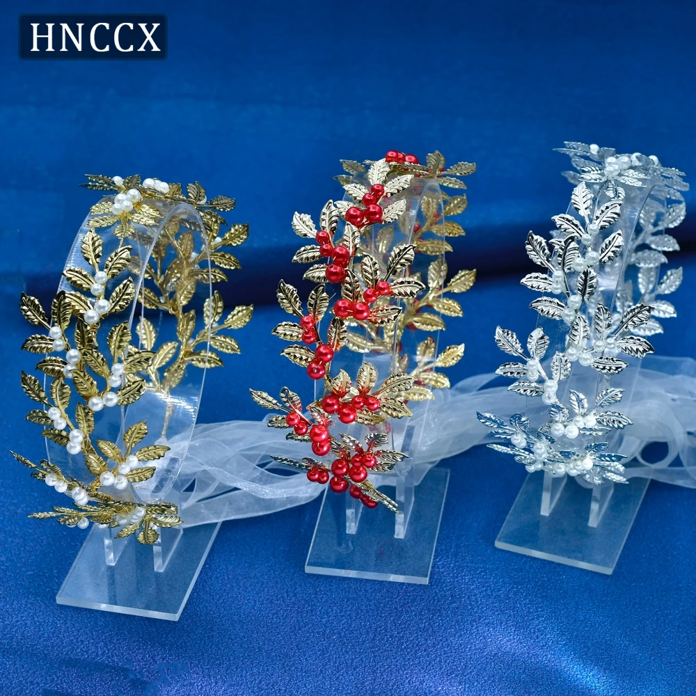 

HNCCX Multi Colored Hair Accessories Wedding Bridal Alloy Leaf Headband Banquet Party Pearl Hairwear Handmade Headpiece CP353