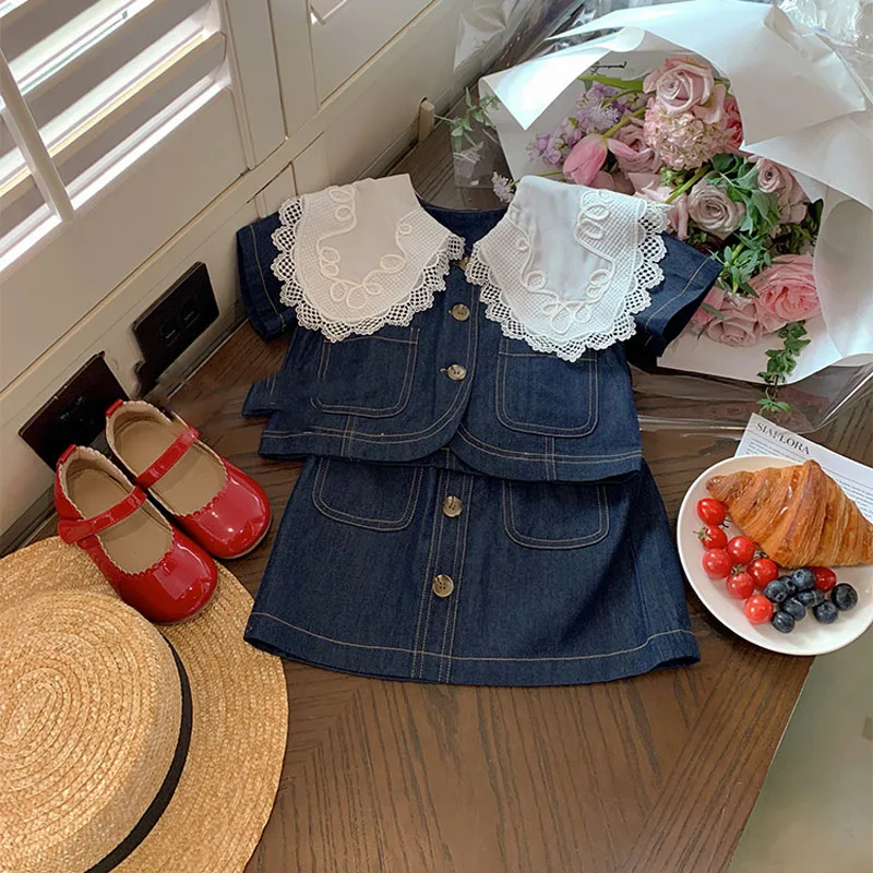 2022 Summer Girls Fashion Denim Suit Lace Edge Large Lapel Short-Sleeved Top +Denim Skirt Children\'S Clothing Sets For Girls