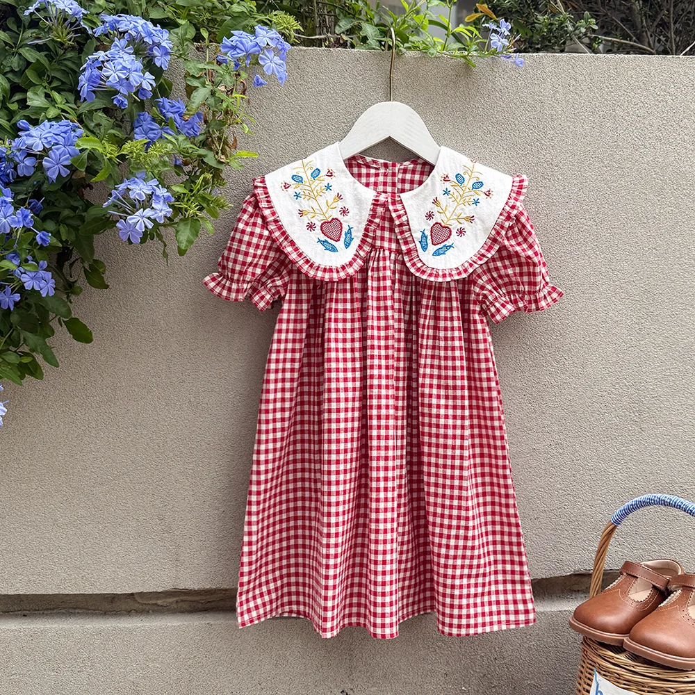 French Children Clothing Peter Pan Collar Flower Embroidery Girls Dress 2026 Summer Red Plaid Short Sleeved Sweet Children Skirt