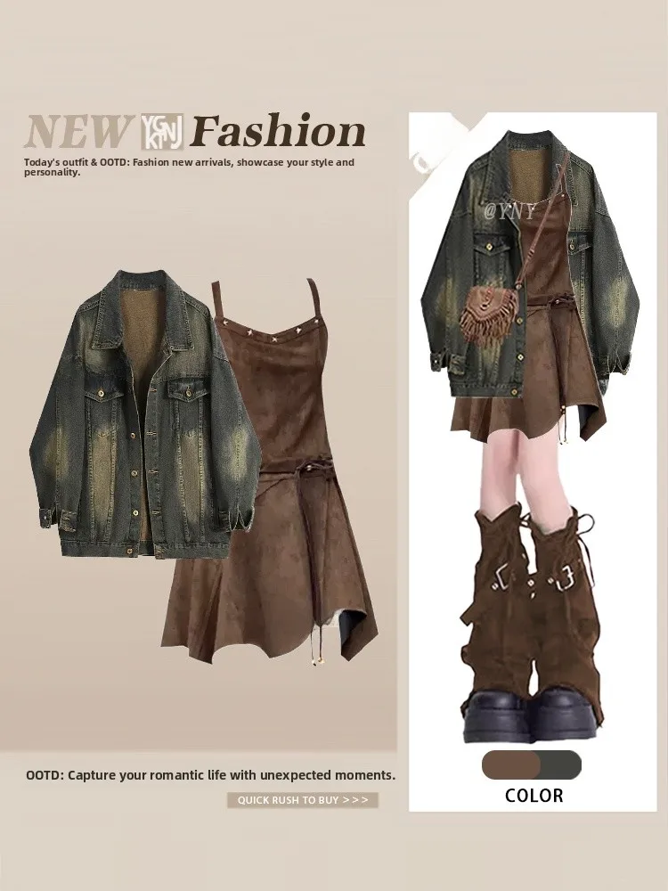 Retro American Sle Early Autumn Denim Jaet with Asymmetrical Strap Dr Midi Skirt Set Vintage Look Long Sve V Ne