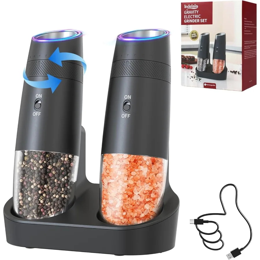 

Набор электрических мельниц для перца и соли с регулируемой степенью помола, перезаряжаемой базой, LED-подсветкой, черный, из нержавеющей стали