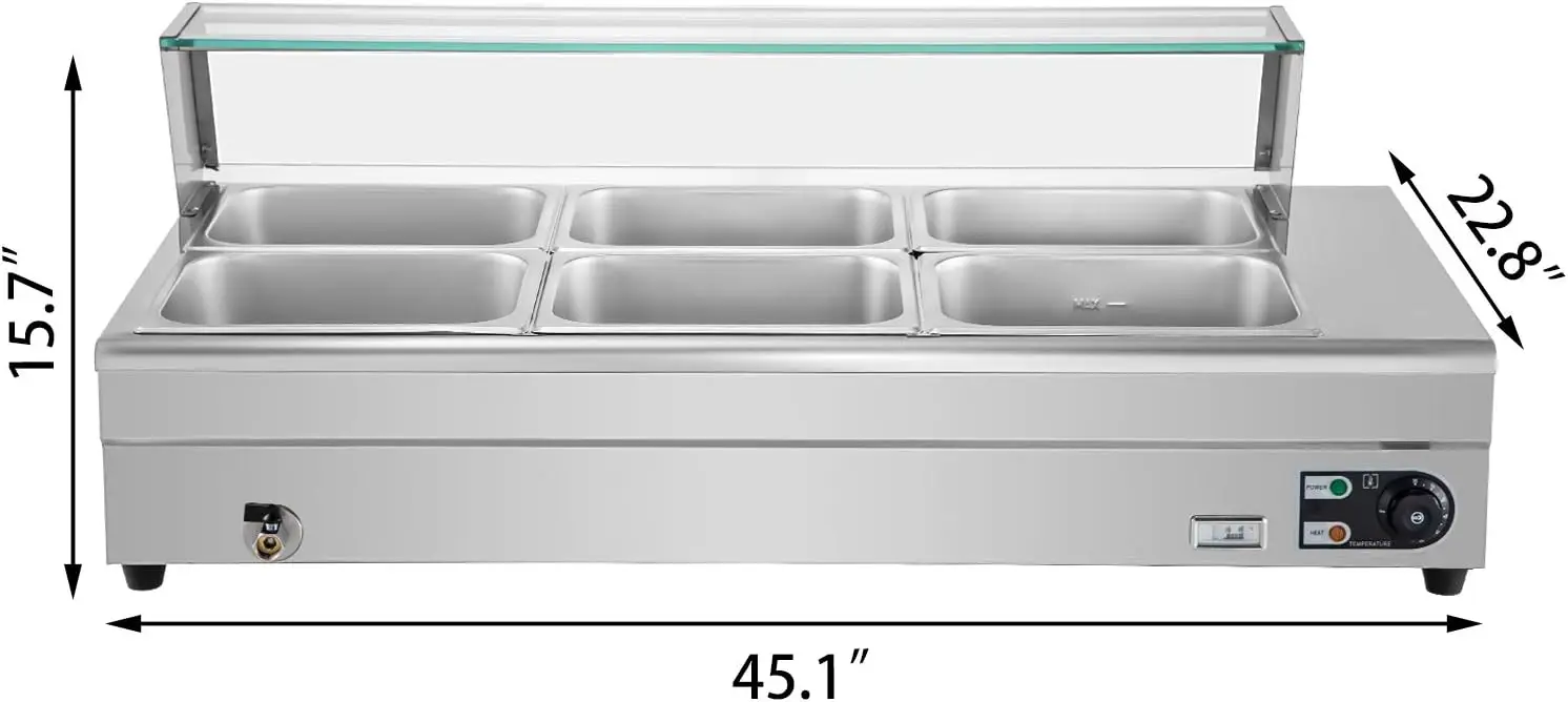 110V Bain Marie Food Warmer,Food Grade Stainelss Steel Commercial Food Steam Table 6-Inch Deep