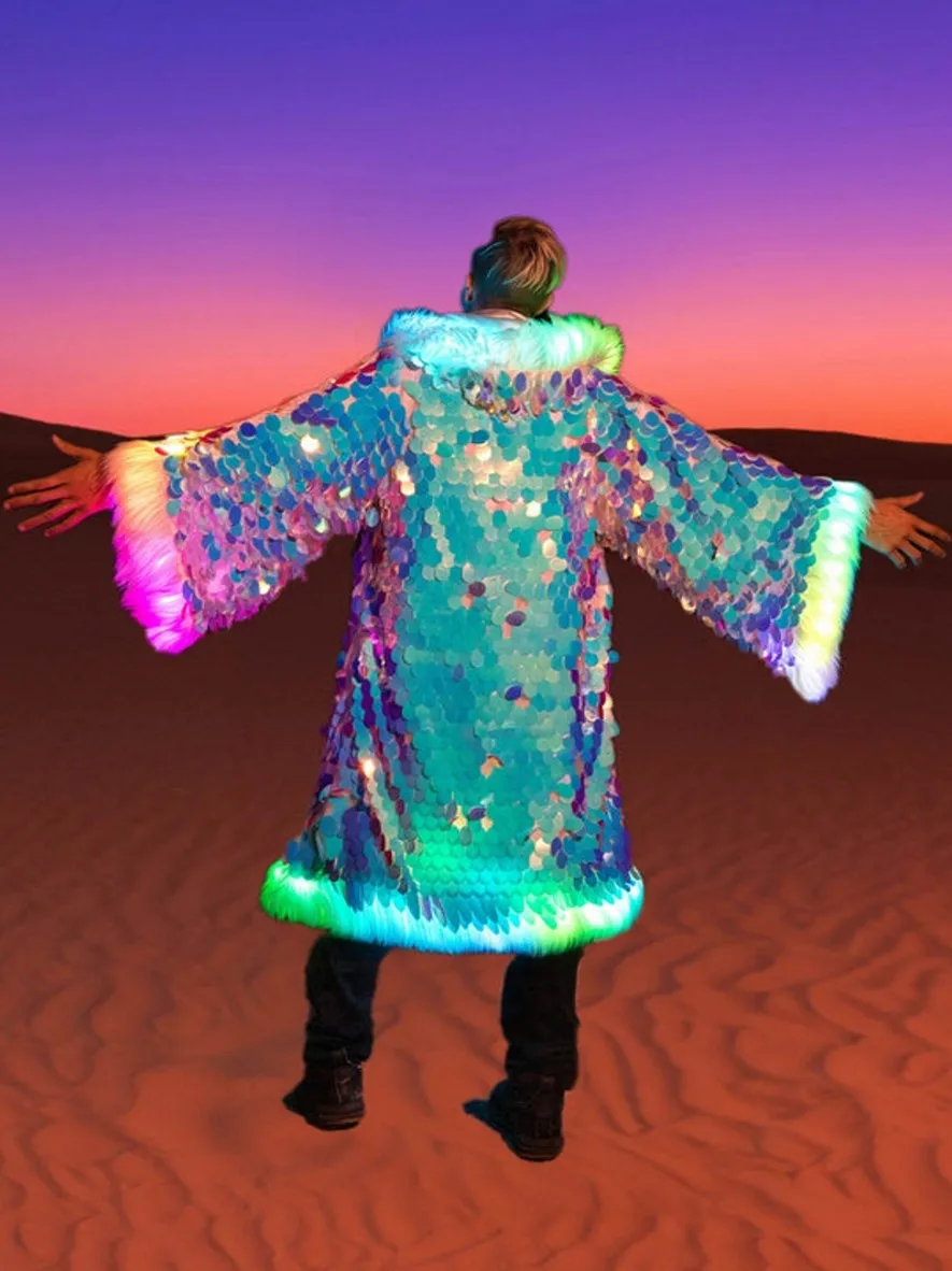 Men's Faux Fur Coat Winter Thicken Fluffy Led Lights Rave performance Luxury Fur Plus Size Jackets Long Windbreaker Coats